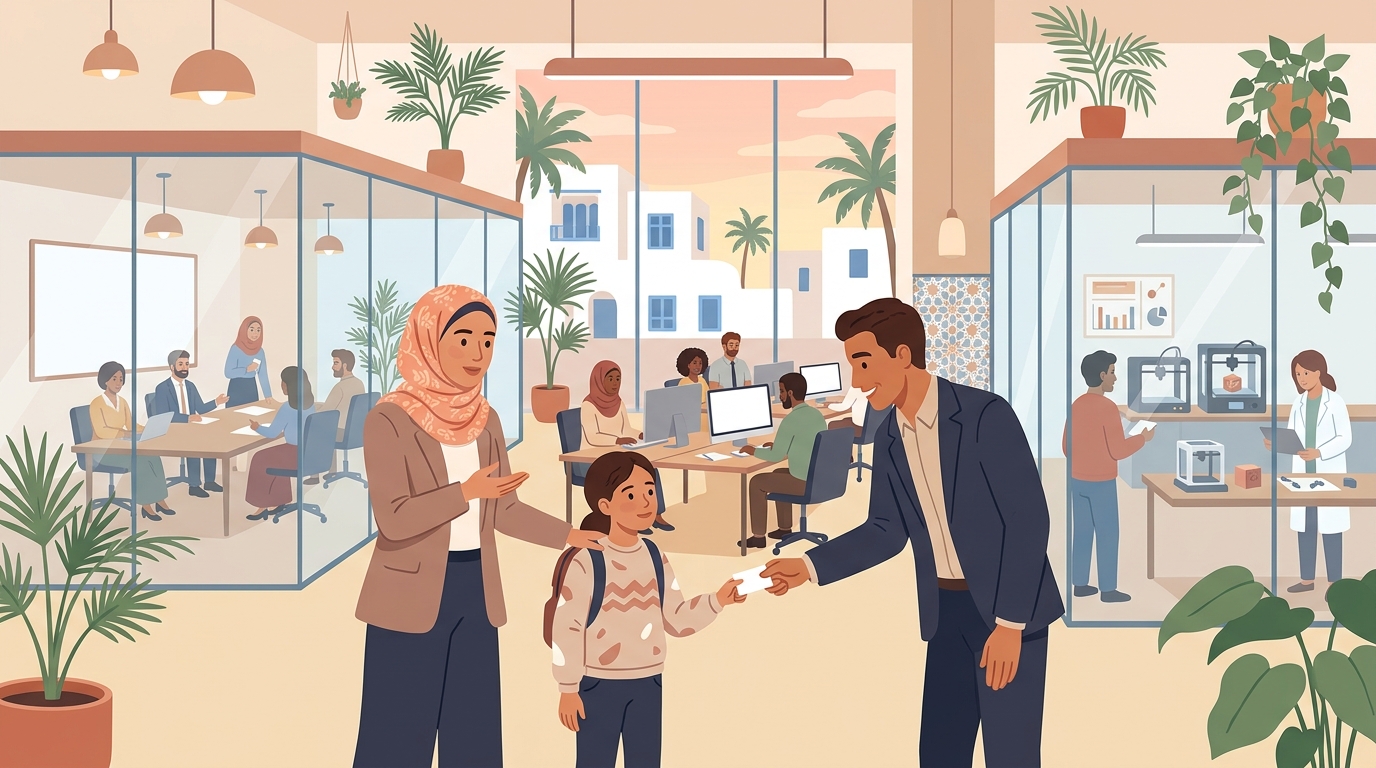 Dans un bureau moderne, une maman fait visiter les services à sa fille ; un collègue lui tend une carte de visite